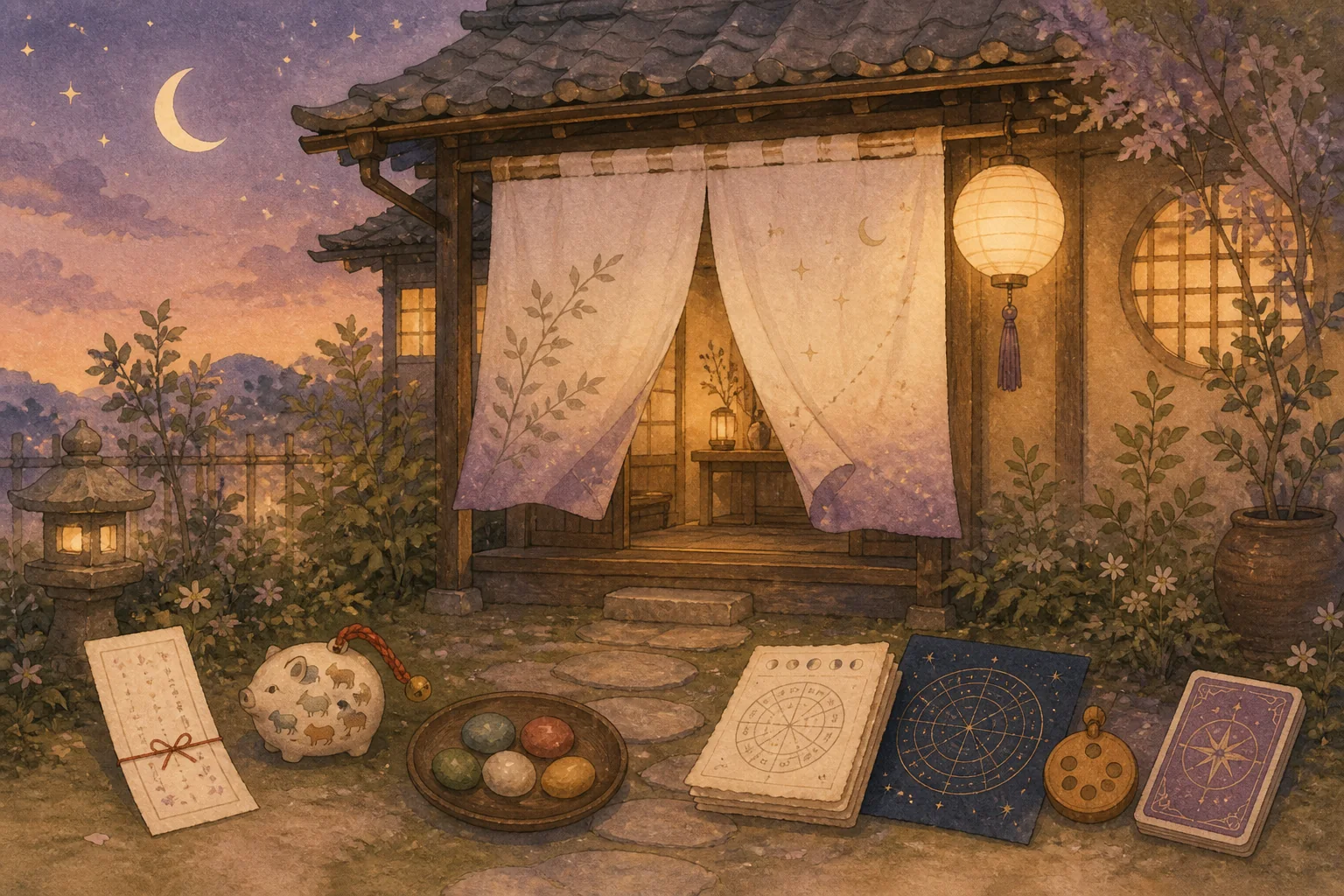 月夜の茶屋の暖簾と、占いを象徴する七つの小物