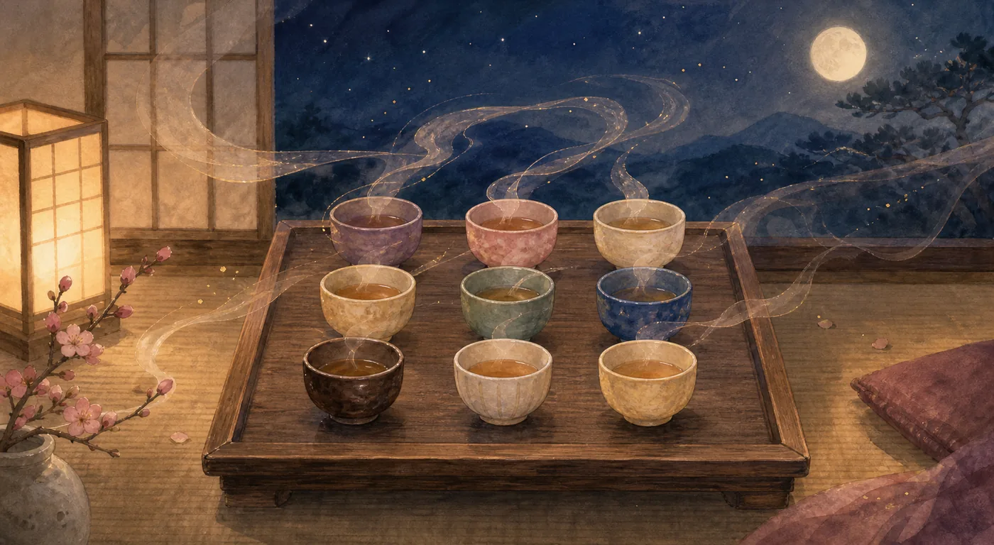 九つの茶碗から湯気が星のように流れる夜の茶屋のイラスト
